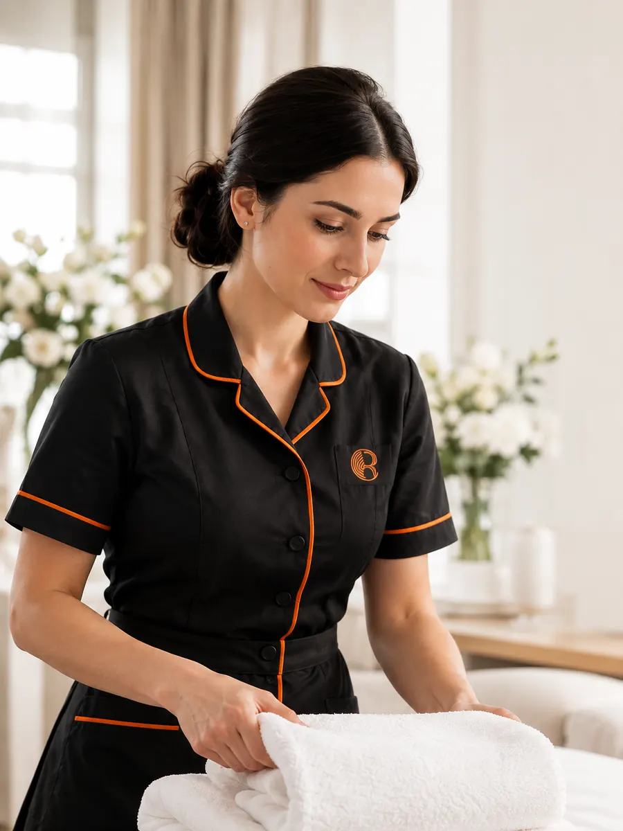 A Renta housekeeper in uniform making a bed